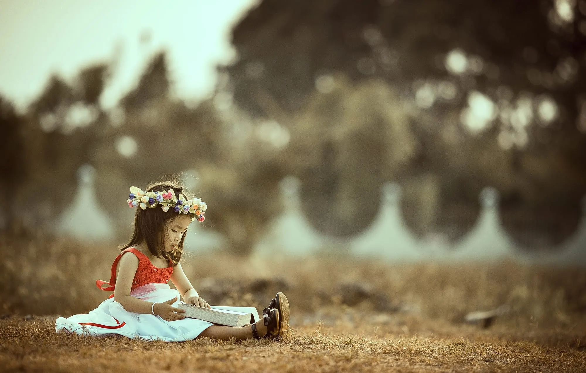 Bé gái đội vòng hoa ngồi đọc sách giữa thiên nhiên